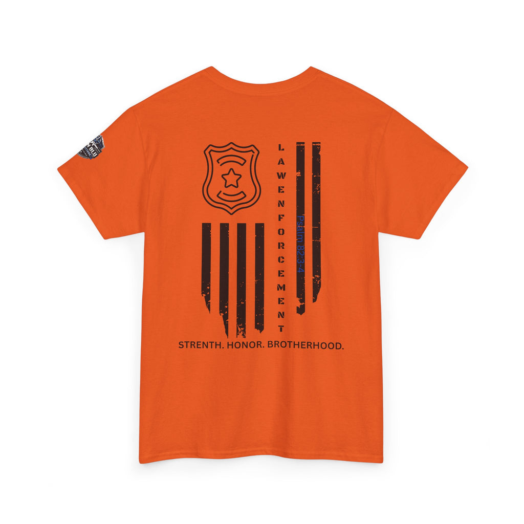 Law Enforcement Tribute T-Shirt — "Strength, Honor, Brotherhood" Badge & Flag Design