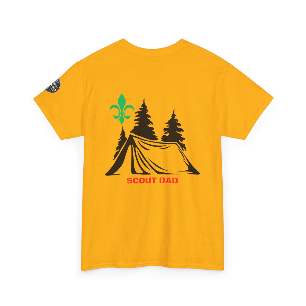 Scout Dad Camping T‑Shirt — Tent, Pine Trees & Fleur‑de‑Lis Outdoor Tee