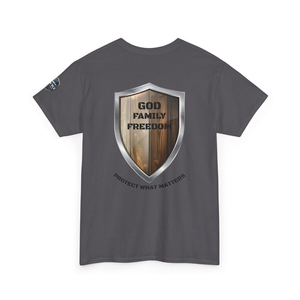 God Family Freedom Shield T‑Shirt — "Protect What Matters" Patriotic Tee