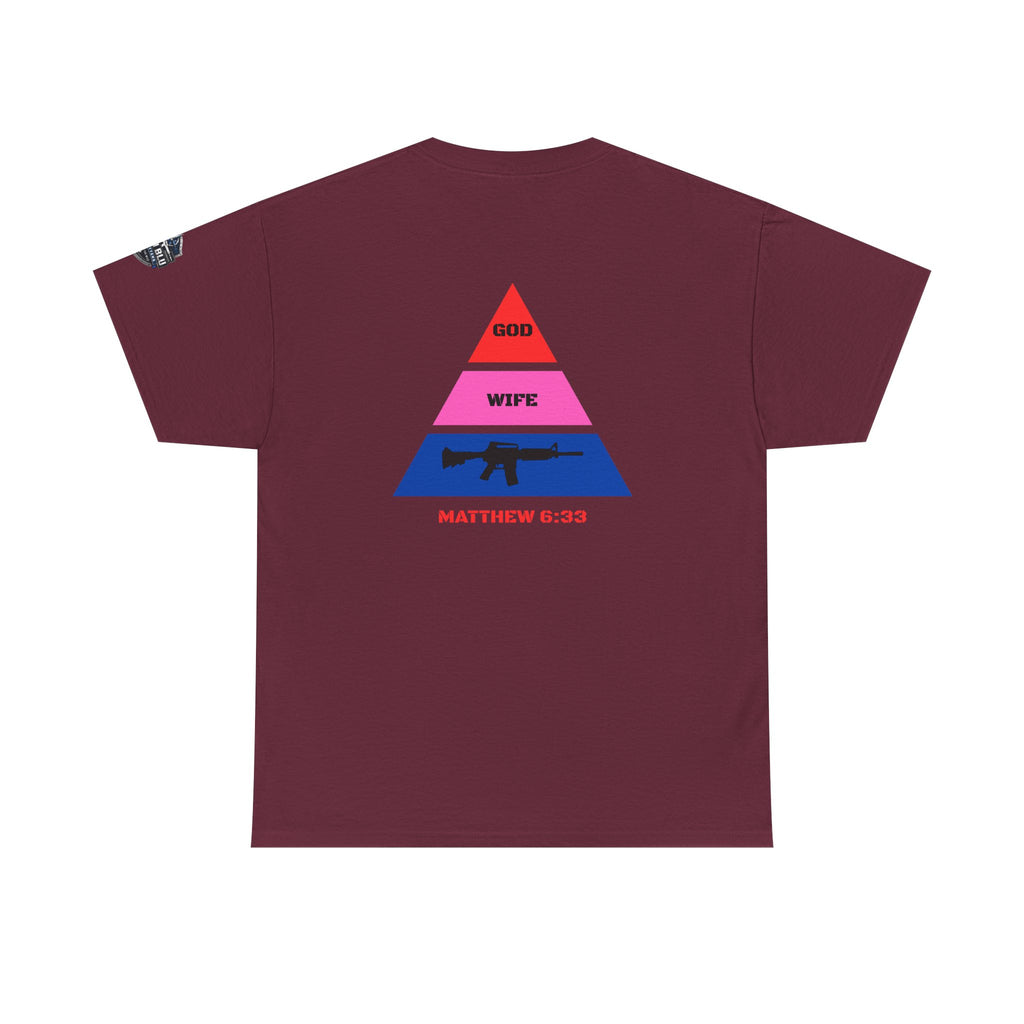 Matthew 6:33 Pyramid Tee — God, Wife, Gun Graphic T-Shirt