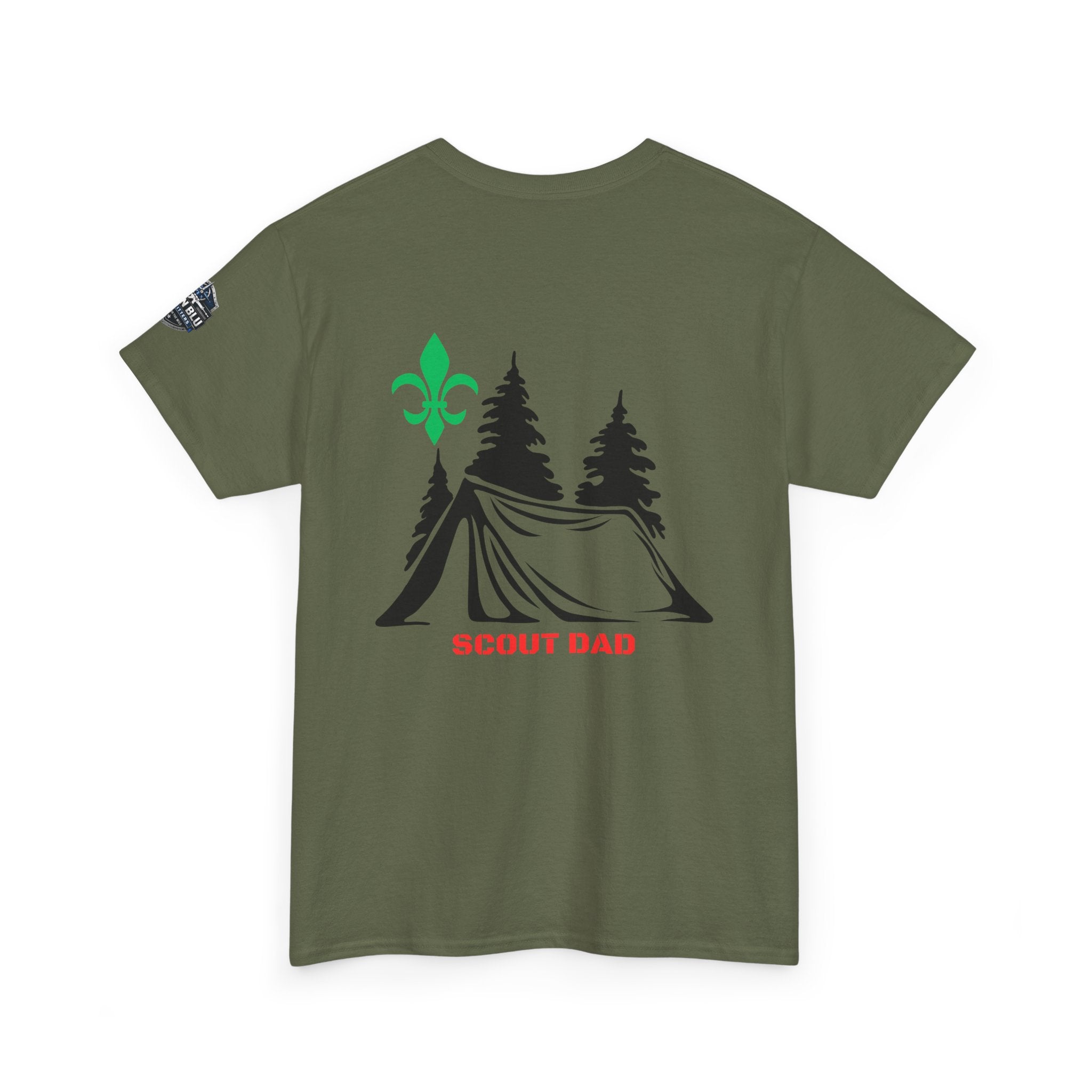 Scout Dad Camping T‑Shirt — Tent, Pine Trees & Fleur‑de‑Lis Outdoor Tee