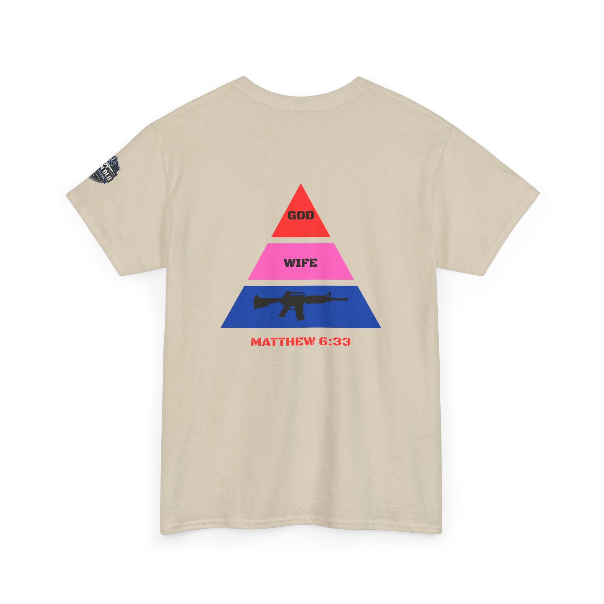 Matthew 6:33 Pyramid Tee — God, Wife, Gun Graphic T-Shirt