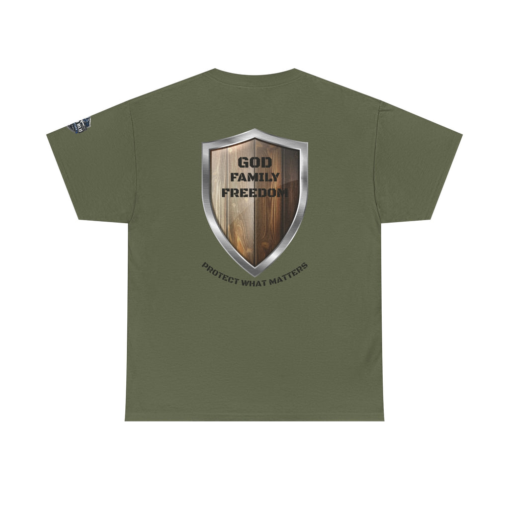 God Family Freedom Shield T‑Shirt — "Protect What Matters" Patriotic Tee