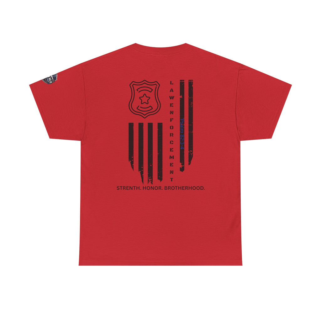 Law Enforcement Tribute T-Shirt — "Strength, Honor, Brotherhood" Badge & Flag Design