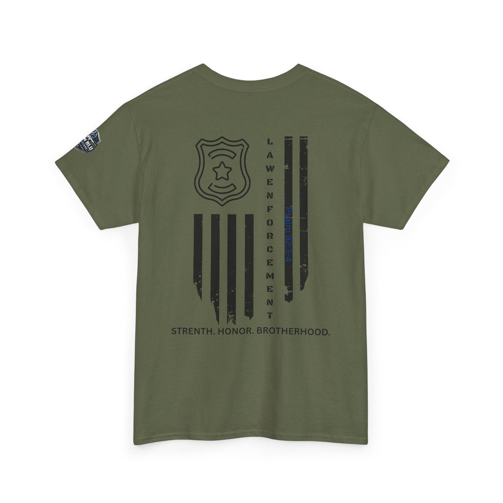 Law Enforcement Tribute T-Shirt — "Strength, Honor, Brotherhood" Badge & Flag Design