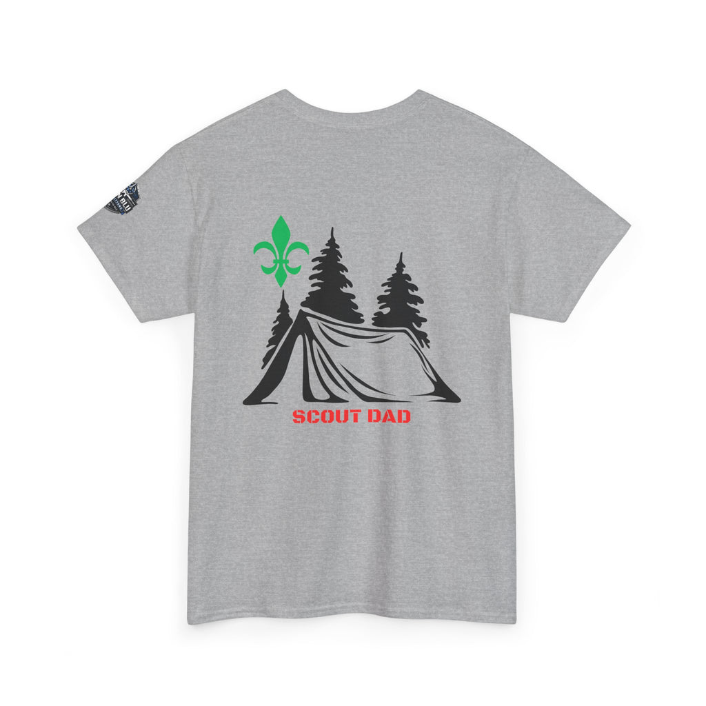 Scout Dad Camping T‑Shirt — Tent, Pine Trees & Fleur‑de‑Lis Outdoor Tee