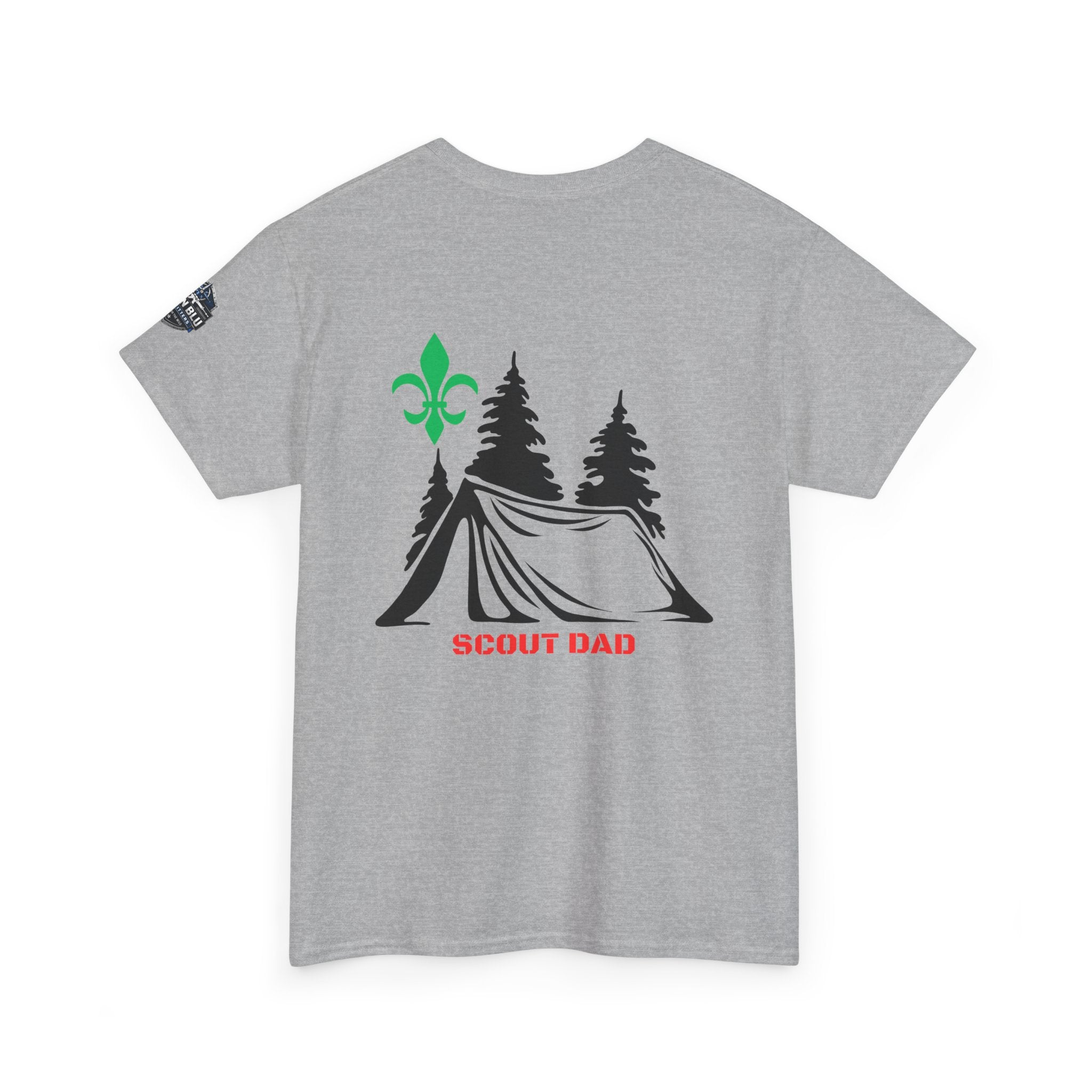 Scout Dad Camping T‑Shirt — Tent, Pine Trees & Fleur‑de‑Lis Outdoor Tee