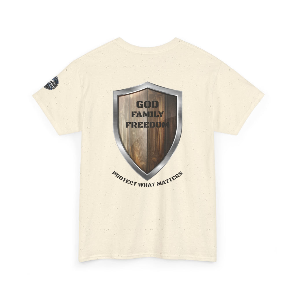 God Family Freedom Shield T‑Shirt — "Protect What Matters" Patriotic Tee