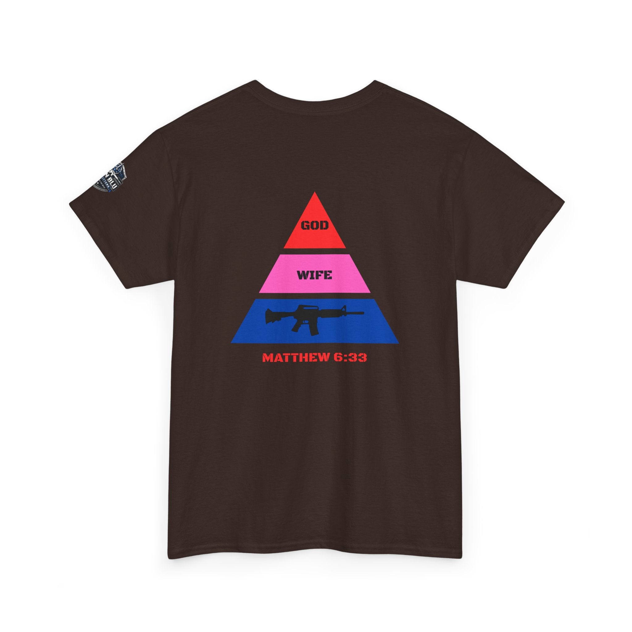 Matthew 6:33 Pyramid Tee — God, Wife, Gun Graphic T-Shirt