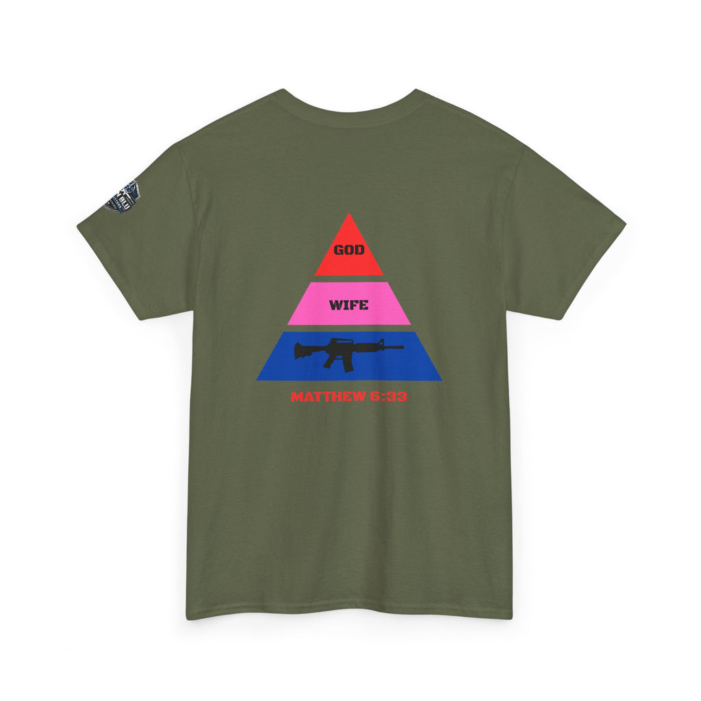 Matthew 6:33 Pyramid Tee — God, Wife, Gun Graphic T-Shirt