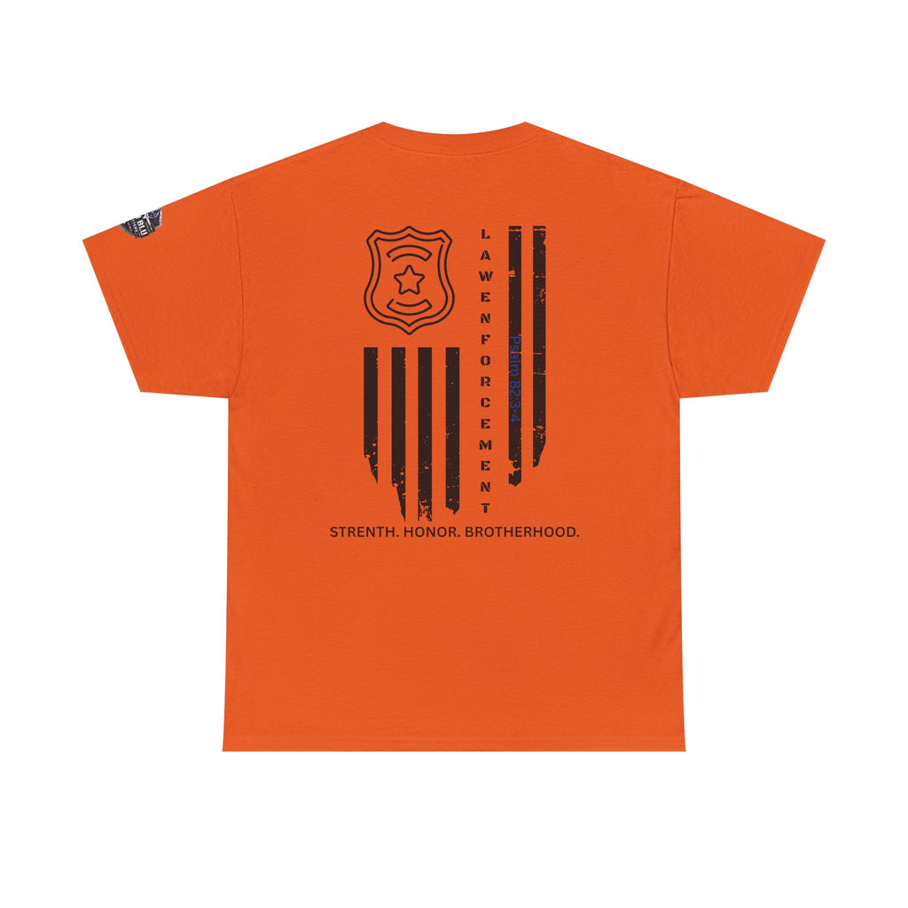 Law Enforcement Tribute T-Shirt — "Strength, Honor, Brotherhood" Badge & Flag Design