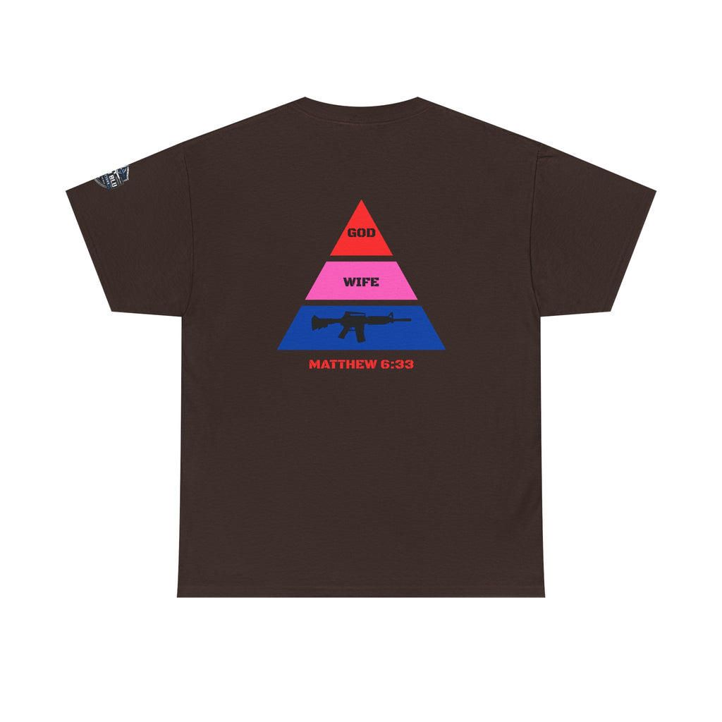 Matthew 6:33 Pyramid Tee — God, Wife, Gun Graphic T-Shirt