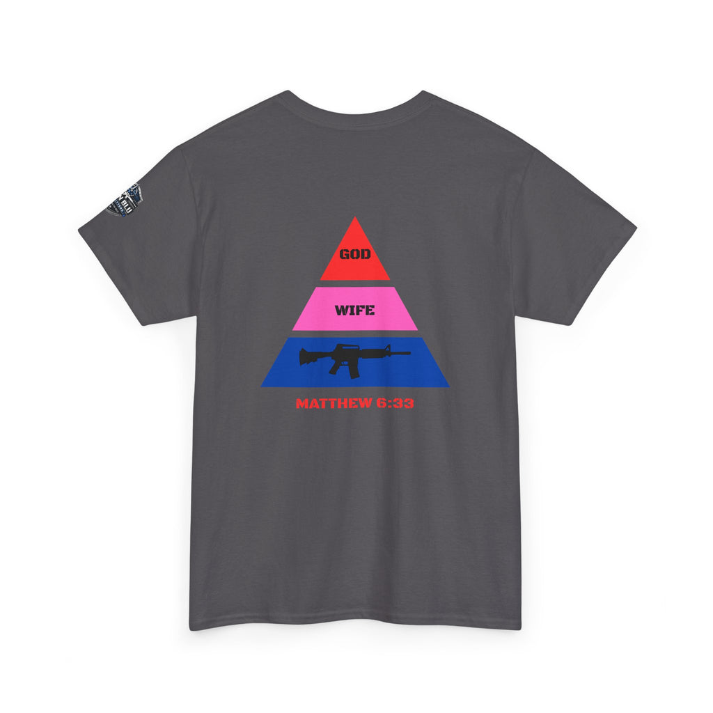 Matthew 6:33 Pyramid Tee — God, Wife, Gun Graphic T-Shirt