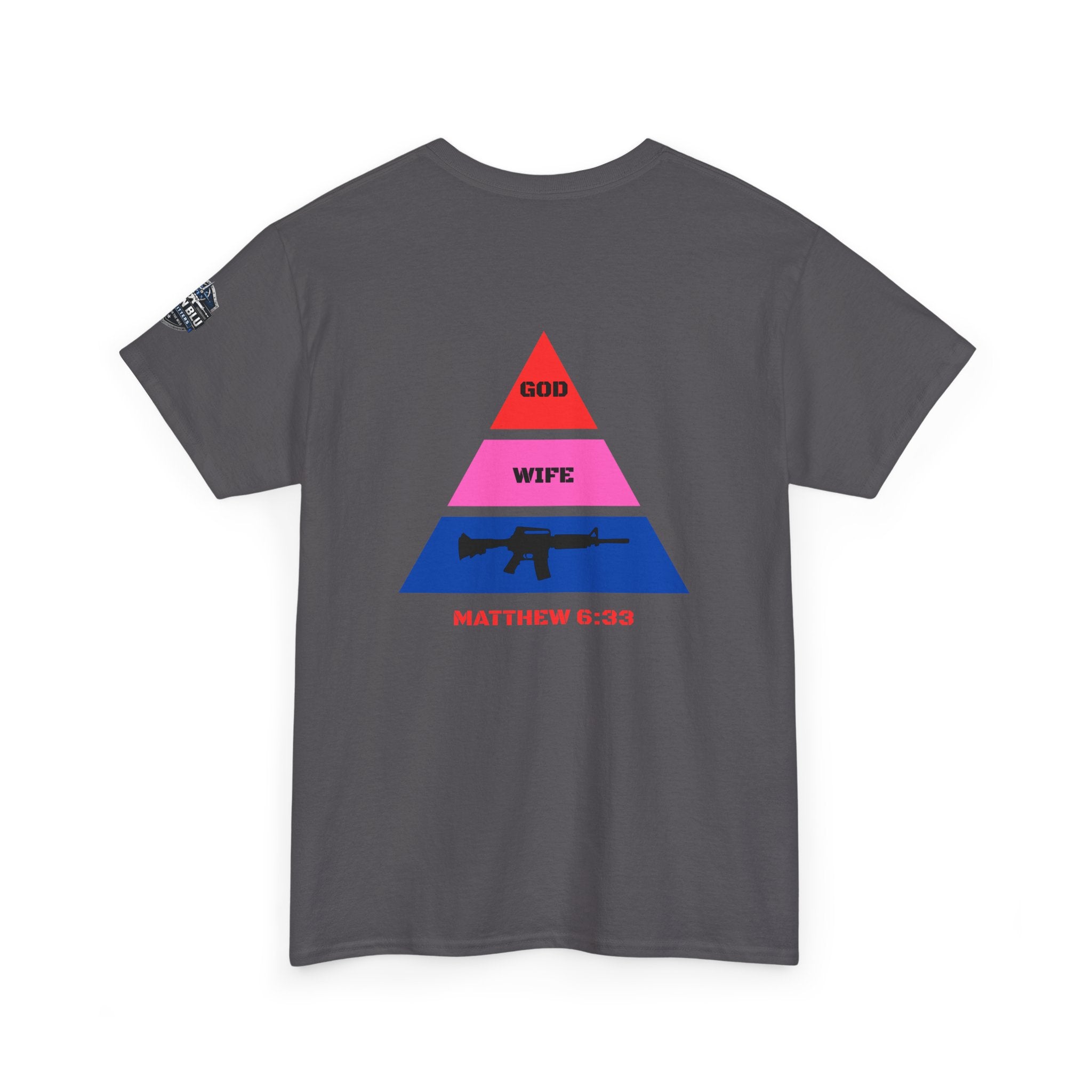 Matthew 6:33 Pyramid Tee — God, Wife, Gun Graphic T-Shirt