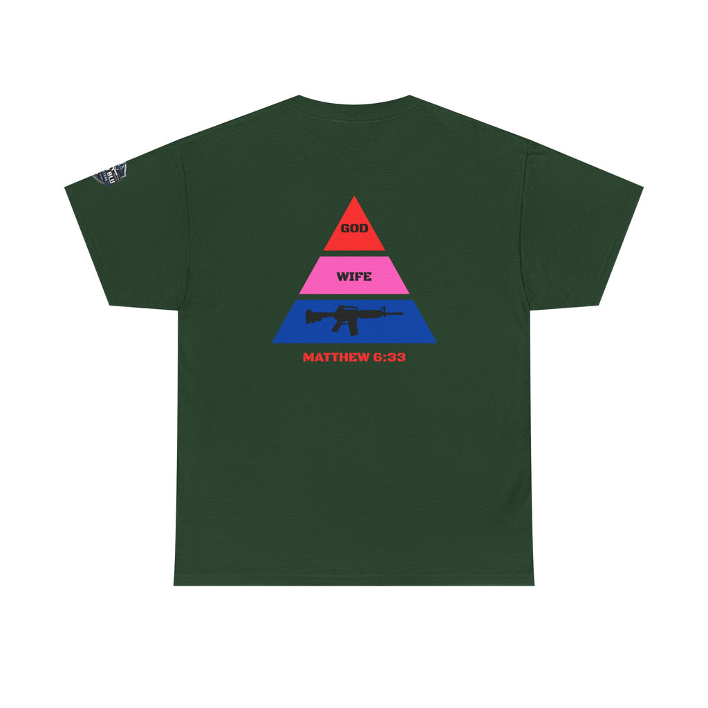 Matthew 6:33 Pyramid Tee — God, Wife, Gun Graphic T-Shirt
