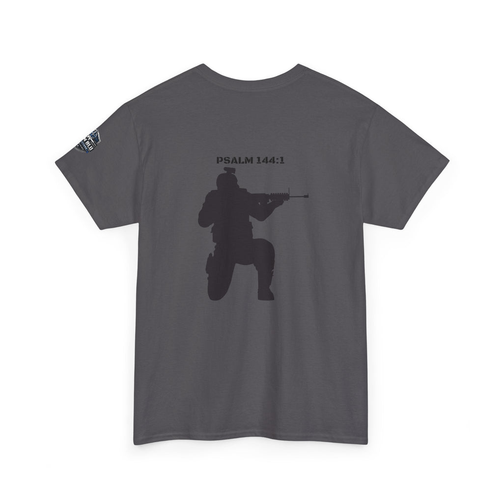 Psalm 144:1 Rifle Silhouette Tee — Military Faith Graphic T-Shirt