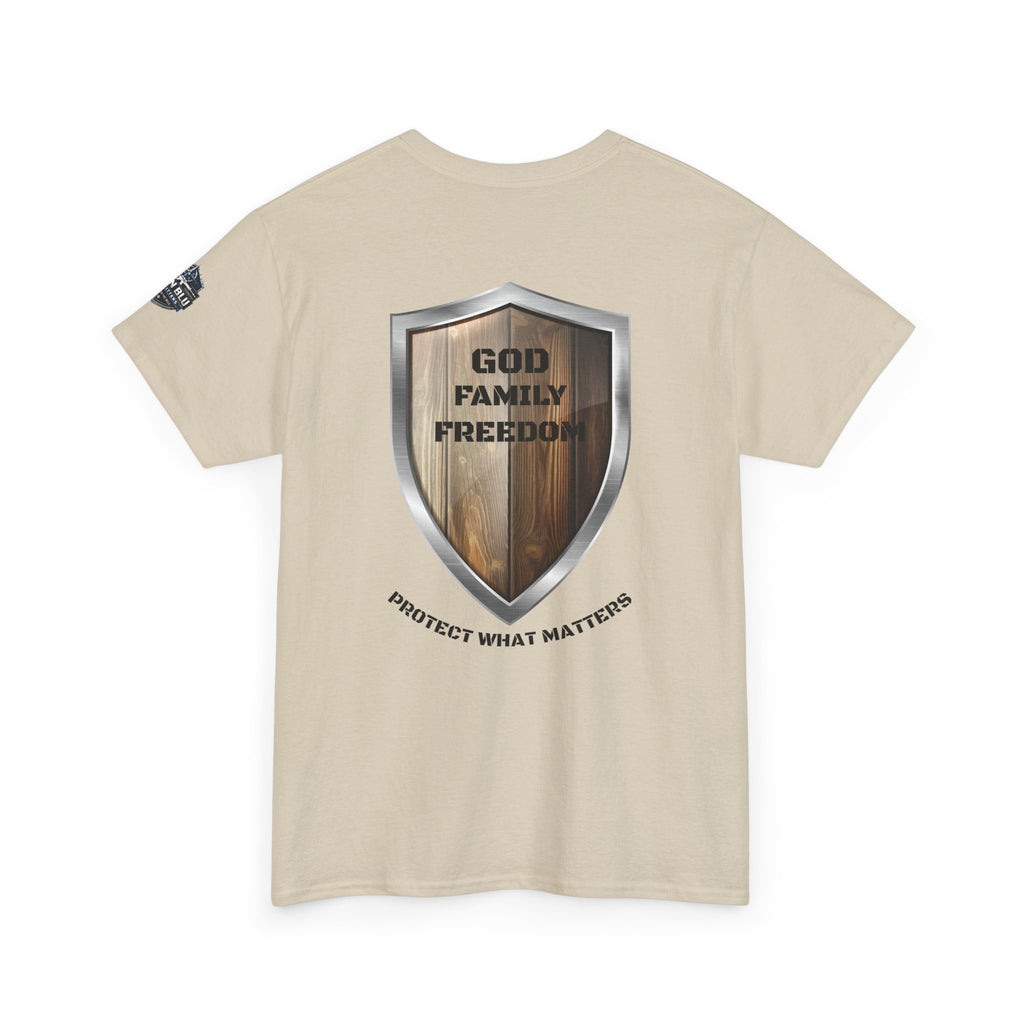 God Family Freedom Shield T‑Shirt — "Protect What Matters" Patriotic Tee