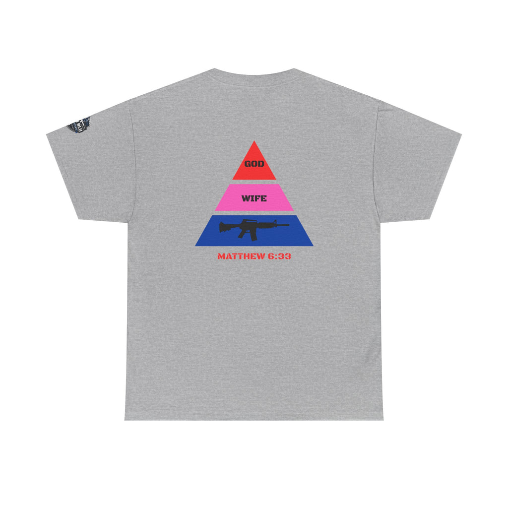 Matthew 6:33 Pyramid Tee — God, Wife, Gun Graphic T-Shirt