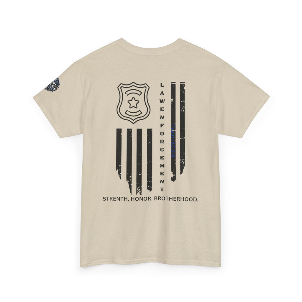 Law Enforcement Tribute T-Shirt — "Strength, Honor, Brotherhood" Badge & Flag Design
