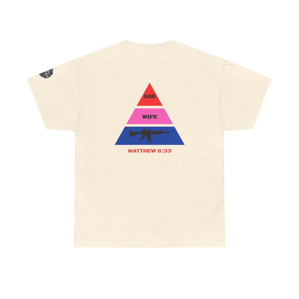 Matthew 6:33 Pyramid Tee — God, Wife, Gun Graphic T-Shirt