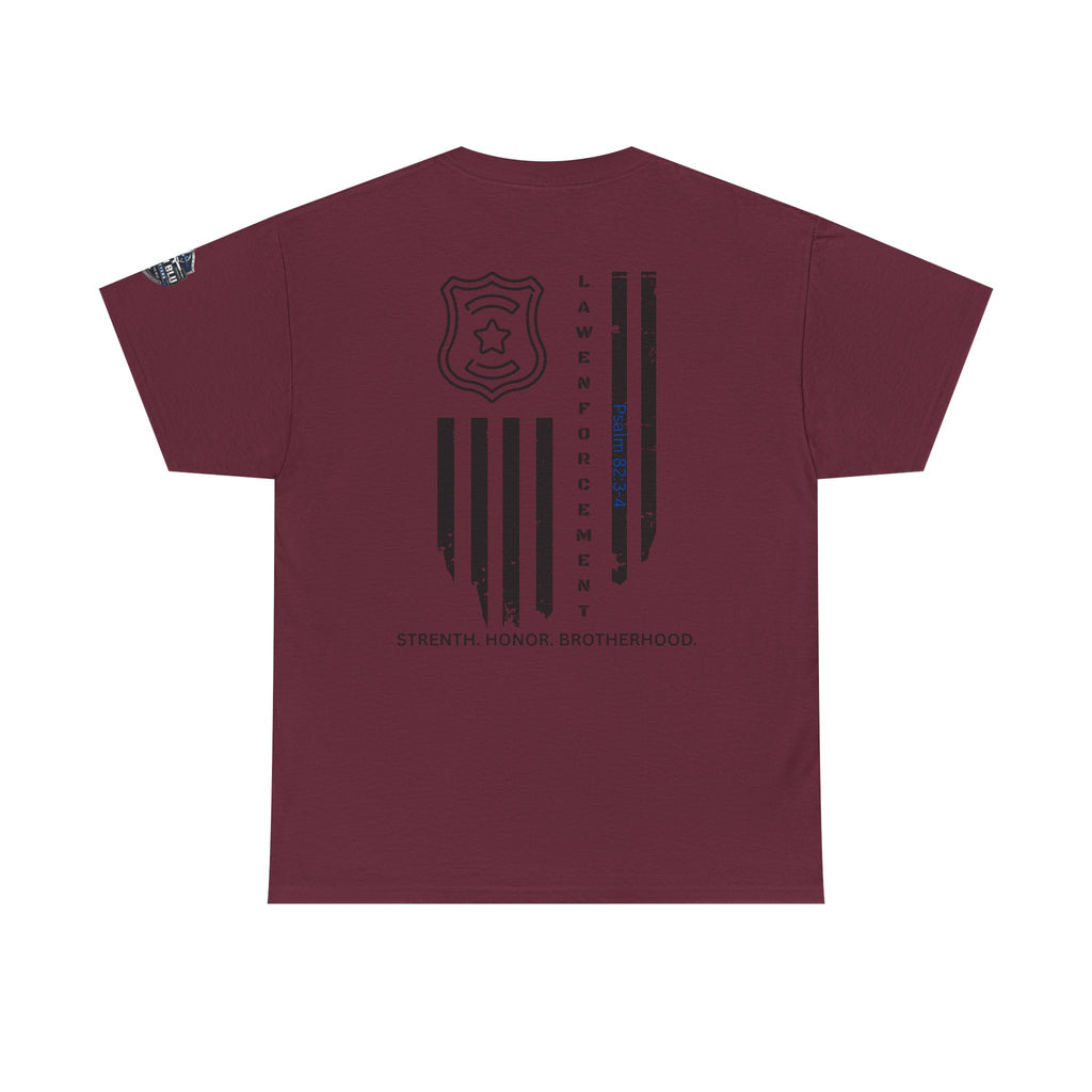 Law Enforcement Tribute T-Shirt — "Strength, Honor, Brotherhood" Badge & Flag Design