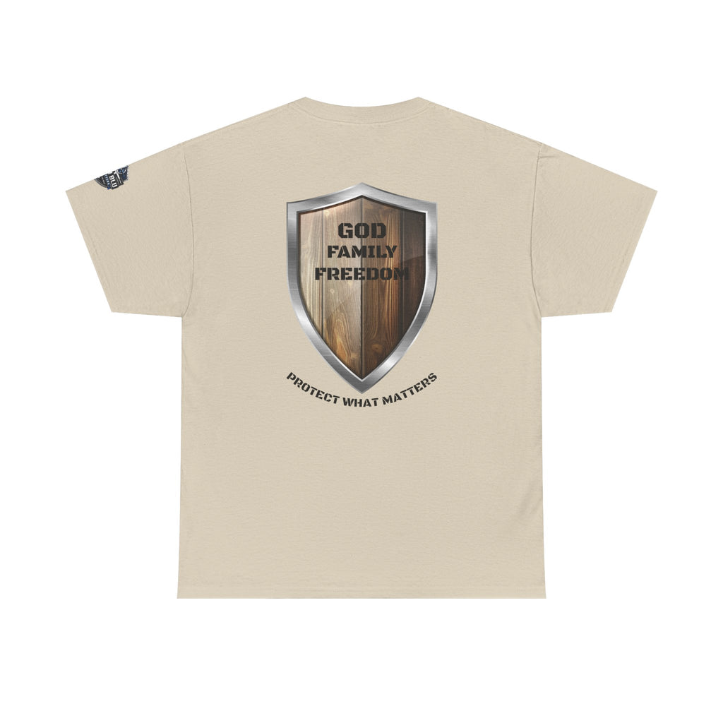 God Family Freedom Shield T‑Shirt — "Protect What Matters" Patriotic Tee