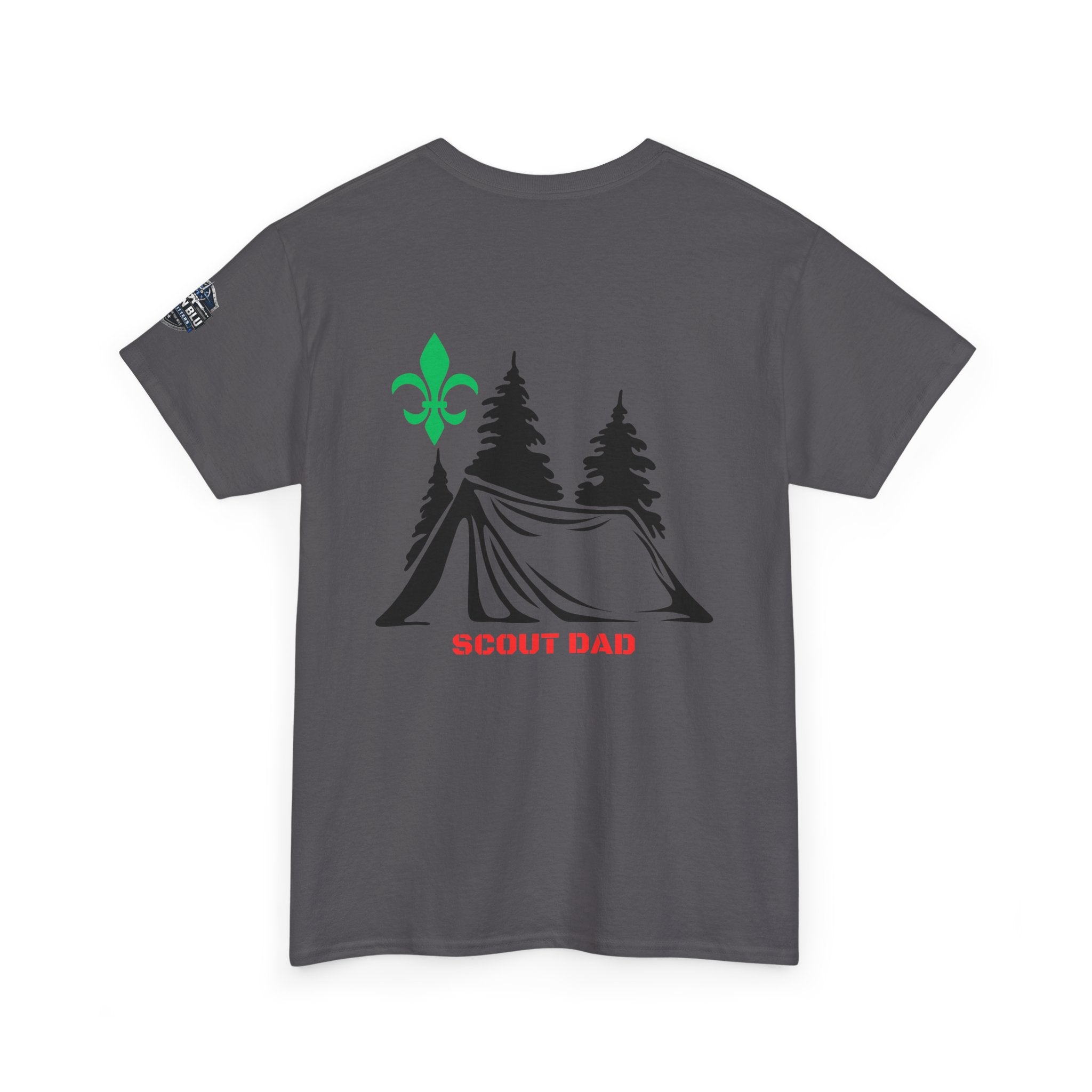 Scout Dad Camping T‑Shirt — Tent, Pine Trees & Fleur‑de‑Lis Outdoor Tee