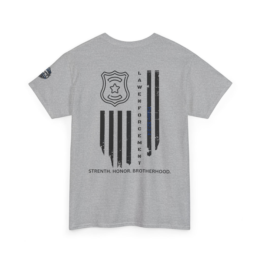 Law Enforcement Tribute T-Shirt — "Strength, Honor, Brotherhood" Badge & Flag Design