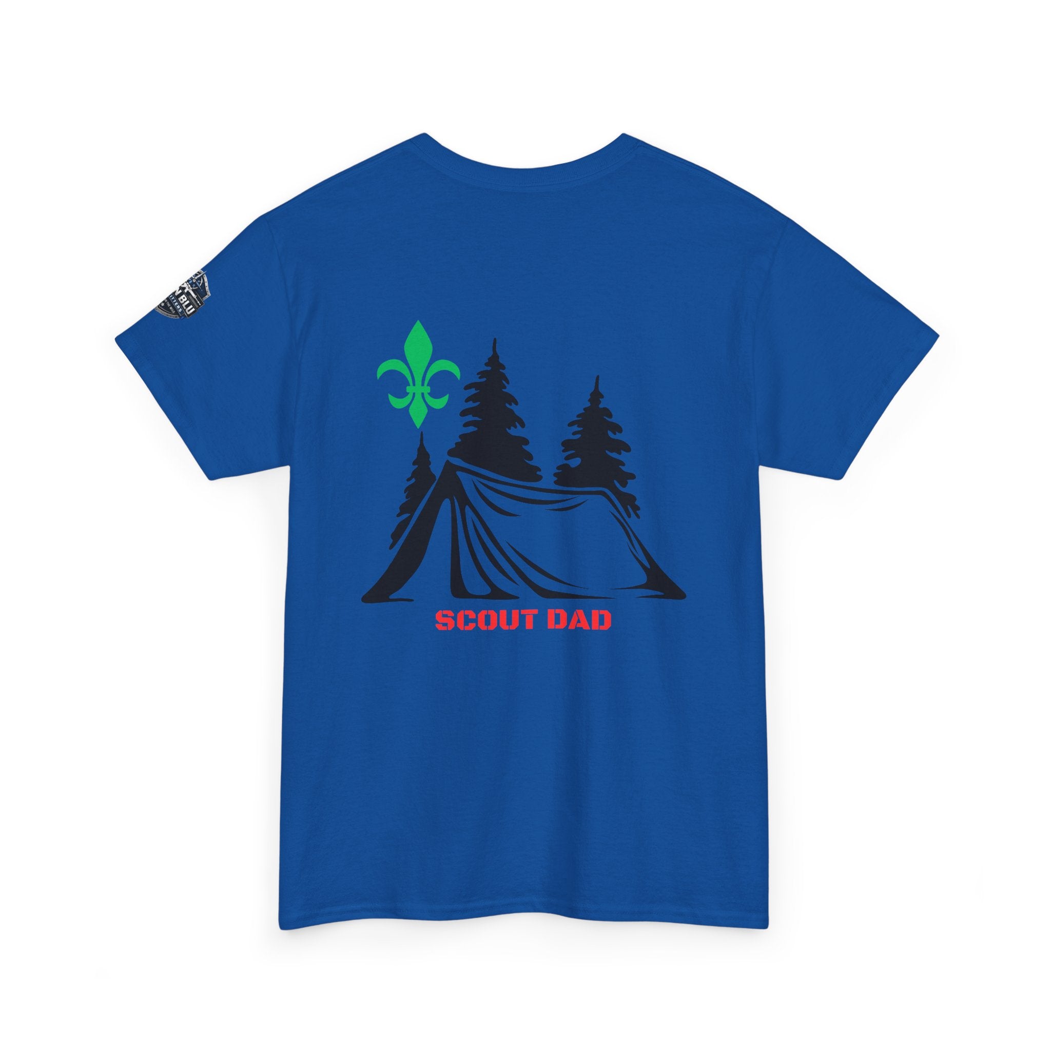 Scout Dad Camping T‑Shirt — Tent, Pine Trees & Fleur‑de‑Lis Outdoor Tee