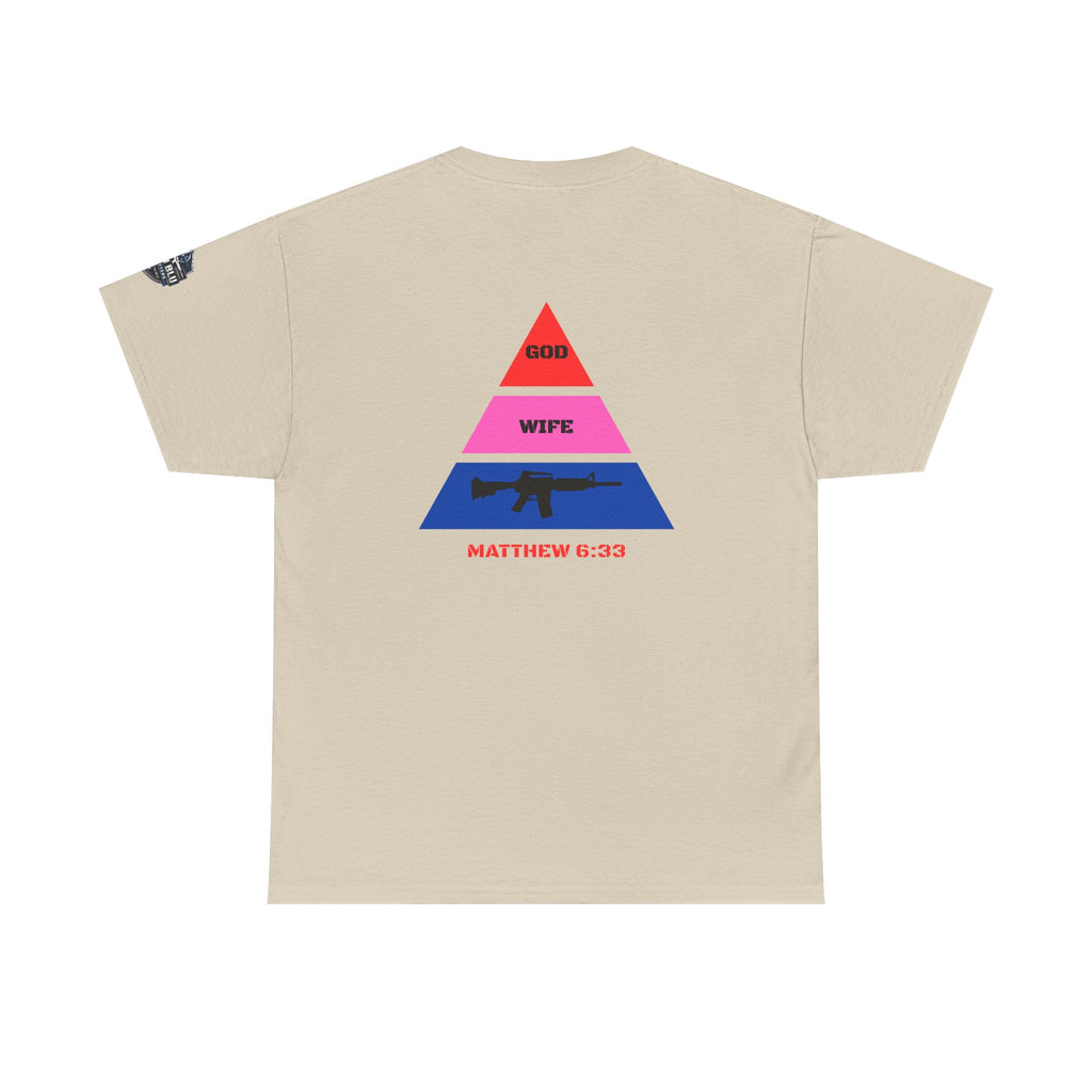 Matthew 6:33 Pyramid Tee — God, Wife, Gun Graphic T-Shirt