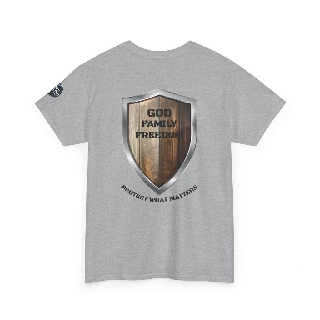 God Family Freedom Shield T‑Shirt — "Protect What Matters" Patriotic Tee