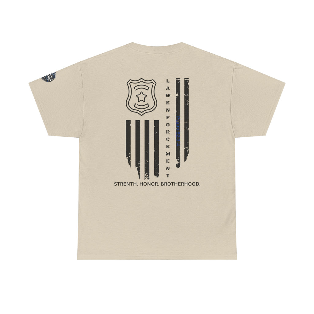 Law Enforcement Tribute T-Shirt — "Strength, Honor, Brotherhood" Badge & Flag Design