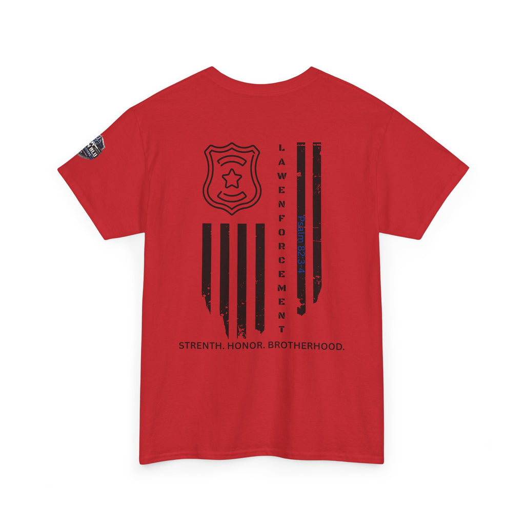 Law Enforcement Tribute T-Shirt — "Strength, Honor, Brotherhood" Badge & Flag Design