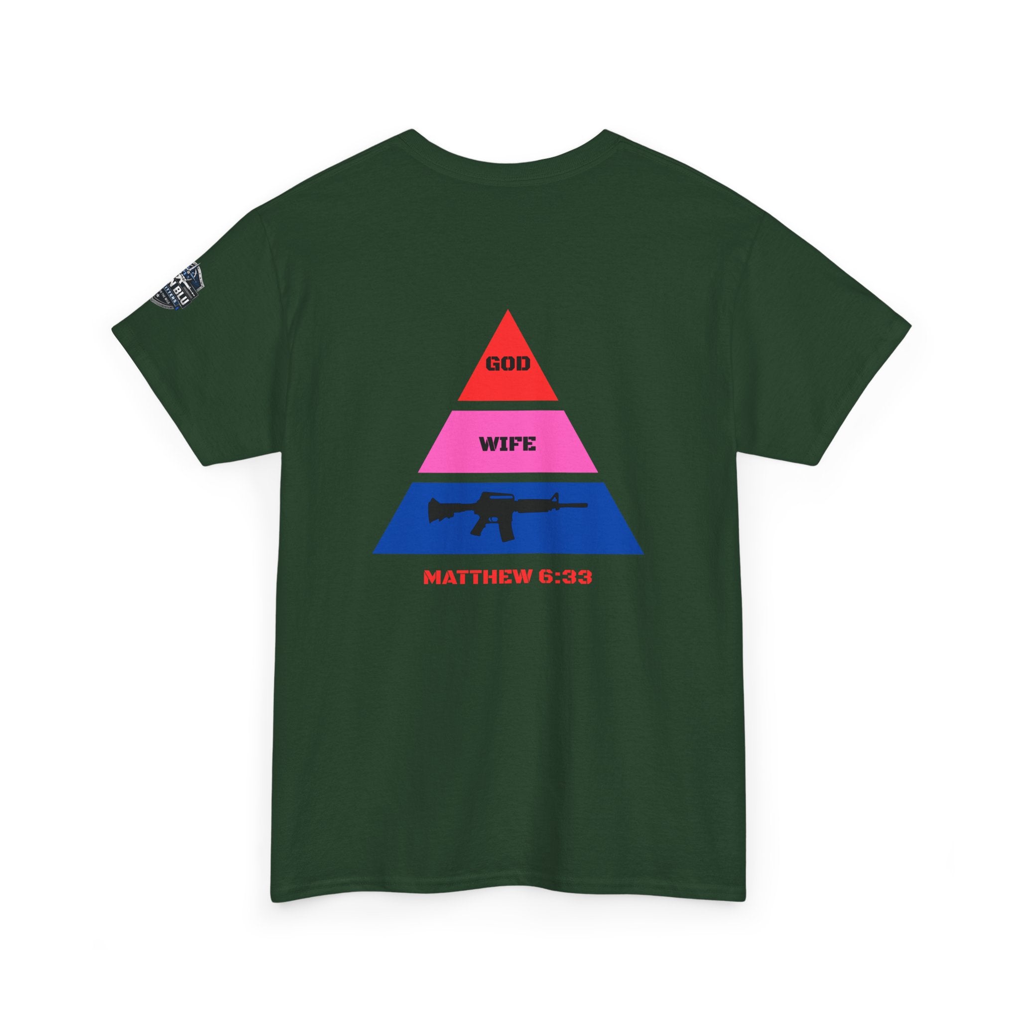 Matthew 6:33 Pyramid Tee — God, Wife, Gun Graphic T-Shirt