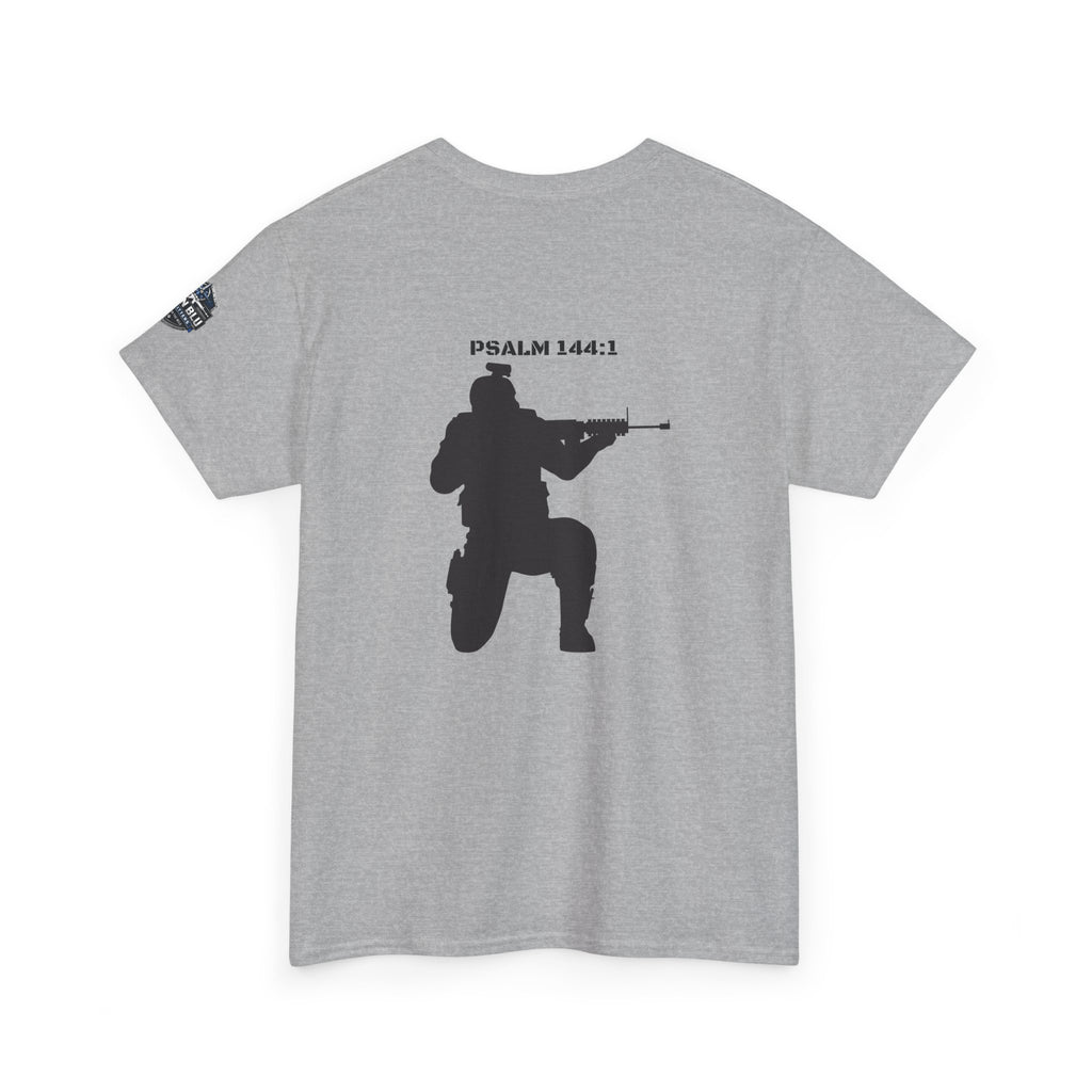 Psalm 144:1 Rifle Silhouette Tee — Military Faith Graphic T-Shirt