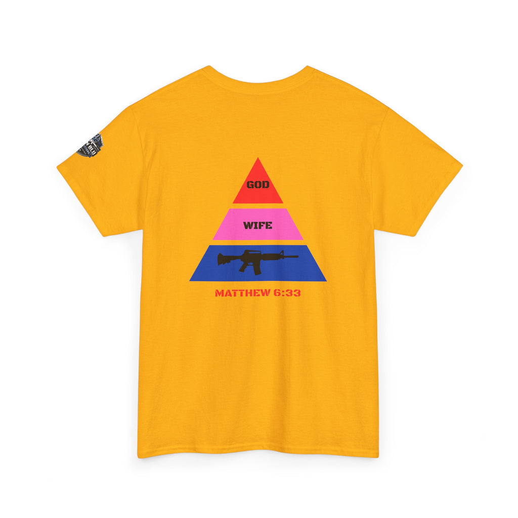 Matthew 6:33 Pyramid Tee — God, Wife, Gun Graphic T-Shirt