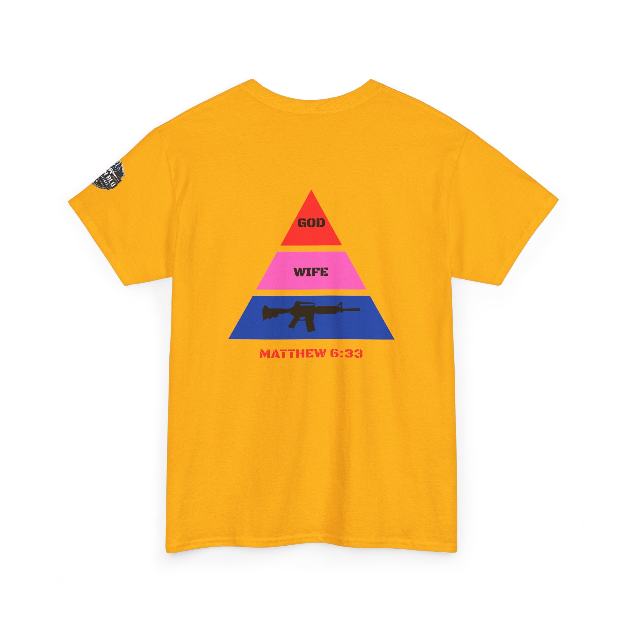 Matthew 6:33 Pyramid Tee — God, Wife, Gun Graphic T-Shirt
