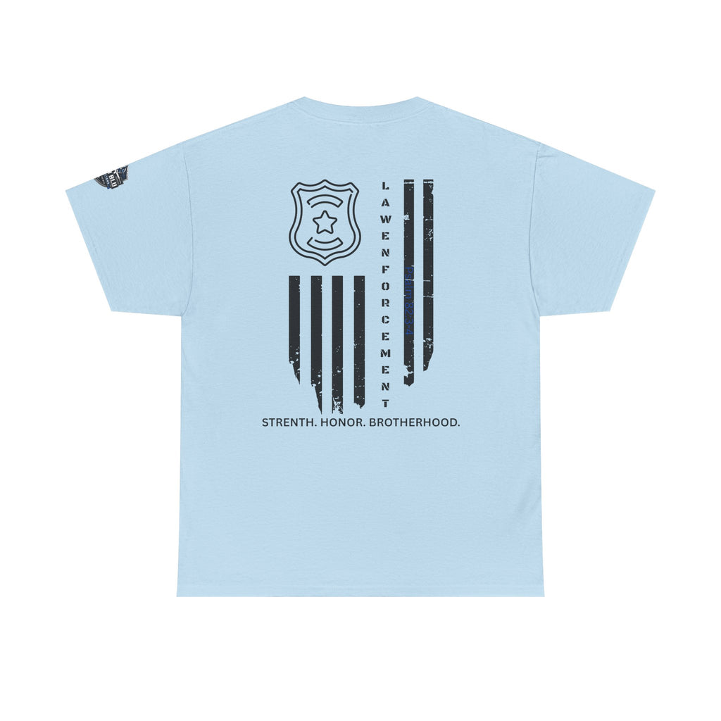Law Enforcement Tribute T-Shirt — "Strength, Honor, Brotherhood" Badge & Flag Design