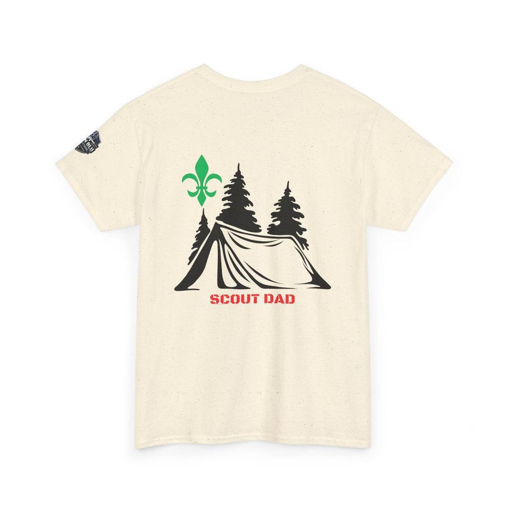Scout Dad Camping T‑Shirt — Tent, Pine Trees & Fleur‑de‑Lis Outdoor Tee