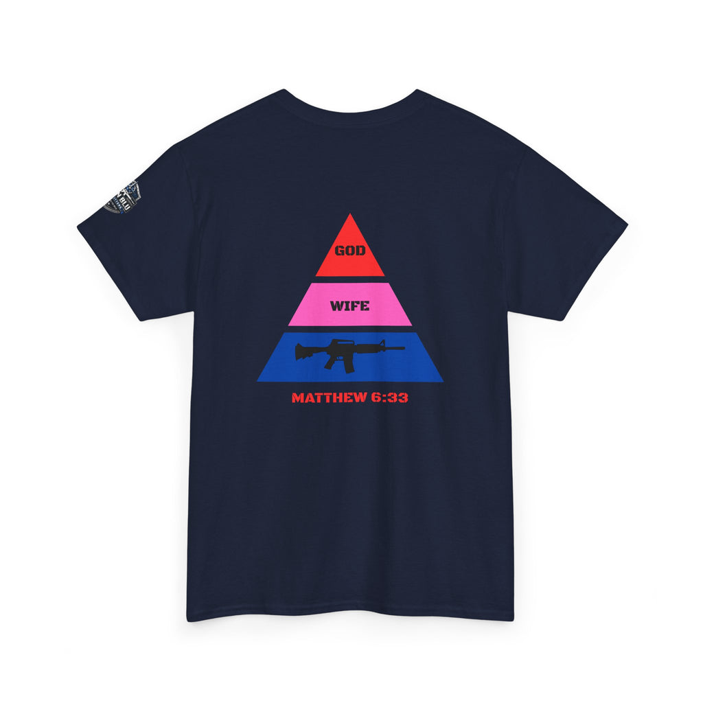 Matthew 6:33 Pyramid Tee — God, Wife, Gun Graphic T-Shirt