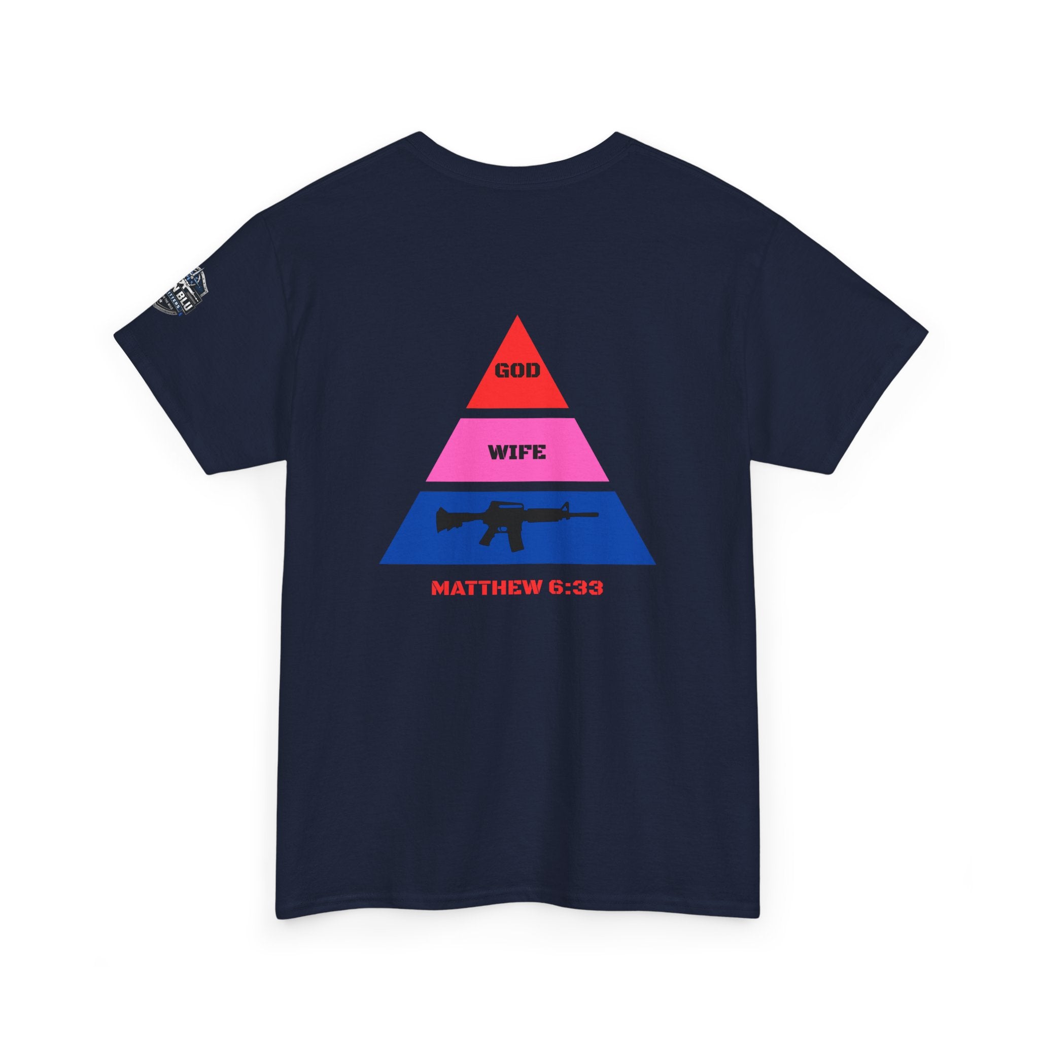 Matthew 6:33 Pyramid Tee — God, Wife, Gun Graphic T-Shirt