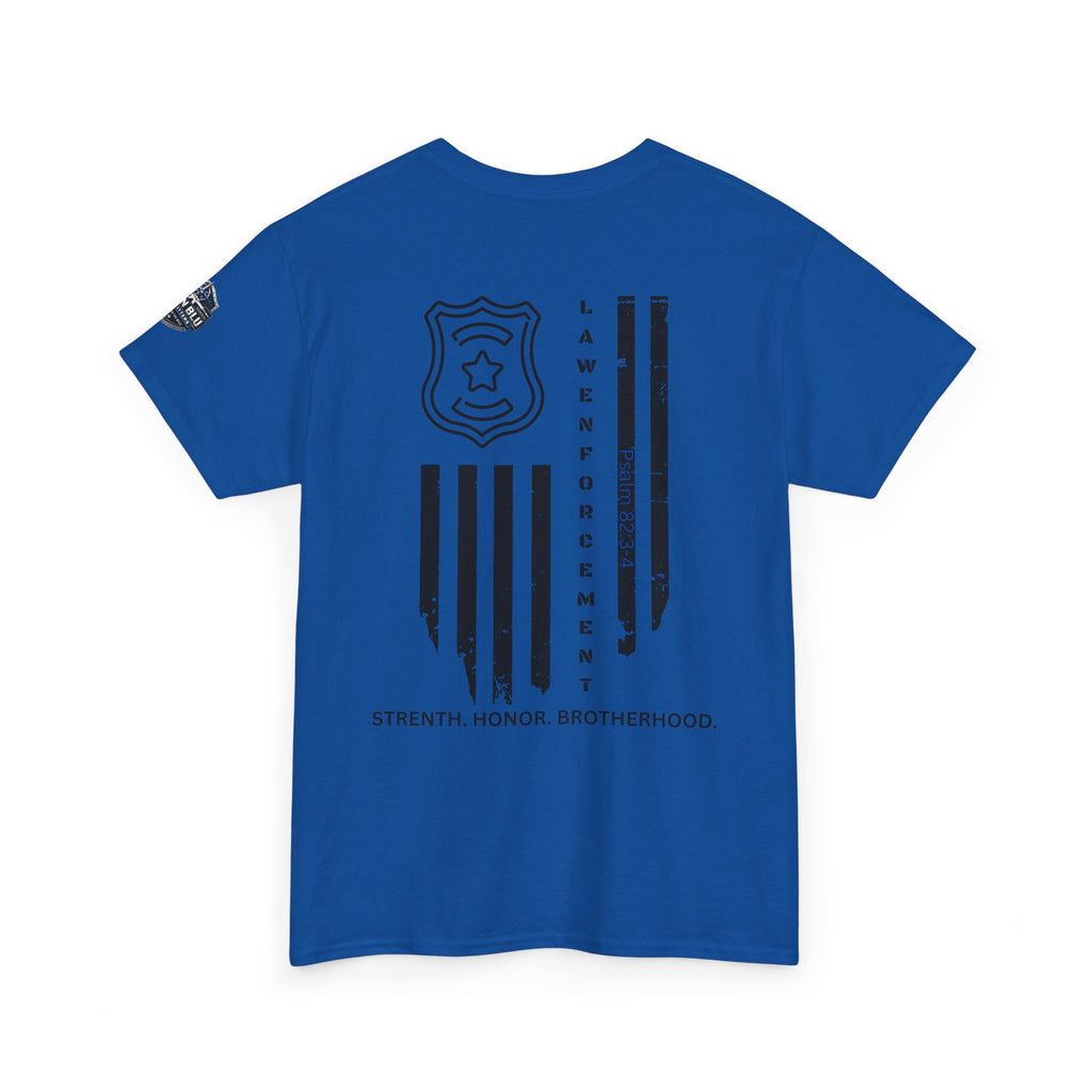 Law Enforcement Tribute T-Shirt — "Strength, Honor, Brotherhood" Badge & Flag Design