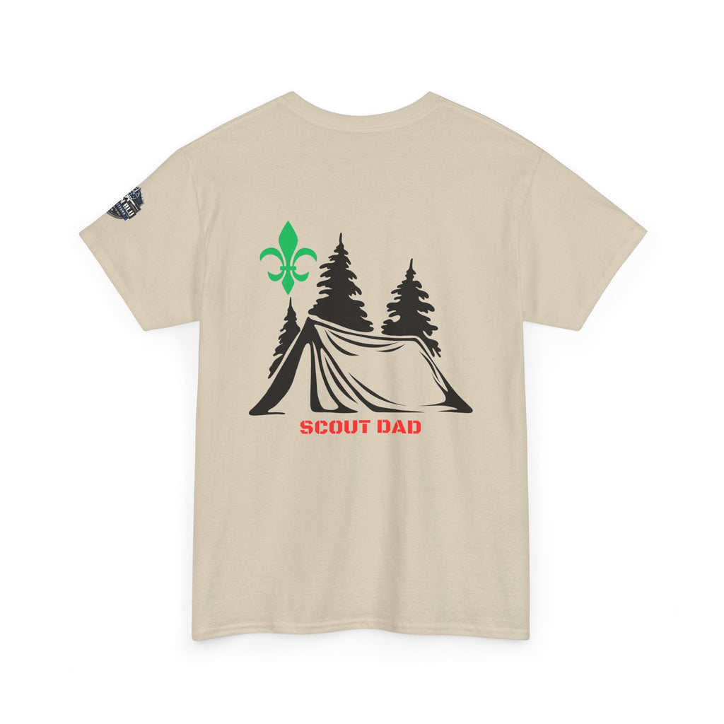 Scout Dad Camping T‑Shirt — Tent, Pine Trees & Fleur‑de‑Lis Outdoor Tee