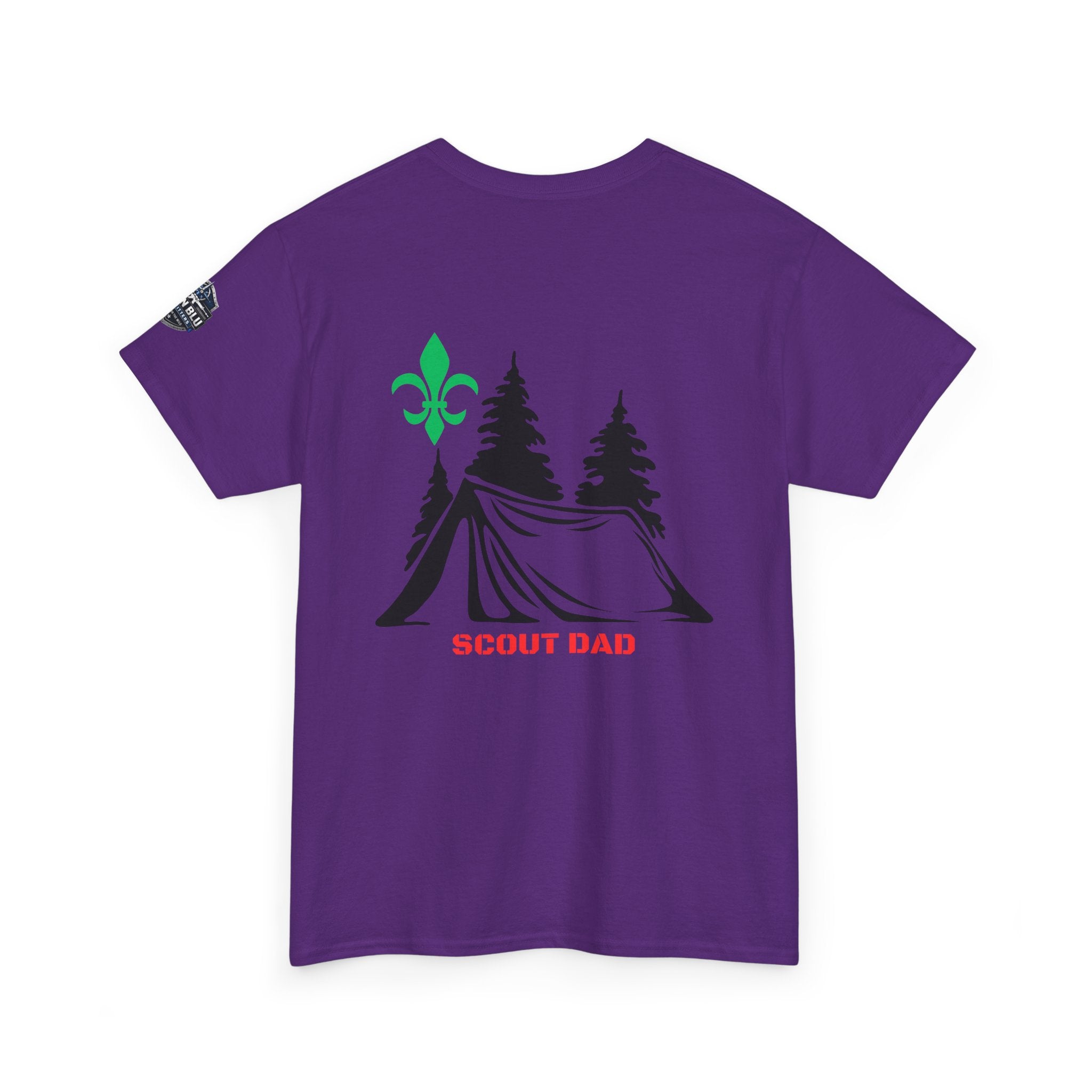 Scout Dad Camping T‑Shirt — Tent, Pine Trees & Fleur‑de‑Lis Outdoor Tee