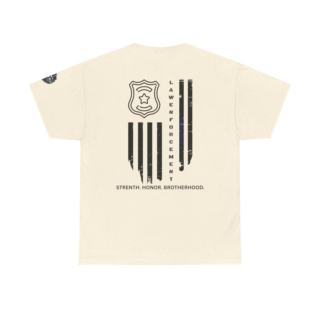Law Enforcement Tribute T-Shirt — "Strength, Honor, Brotherhood" Badge & Flag Design