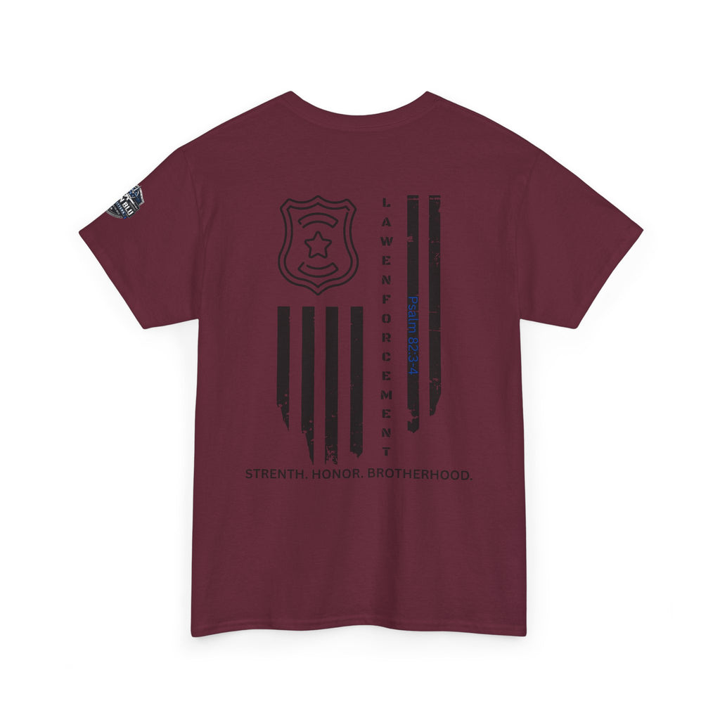 Law Enforcement Tribute T-Shirt — "Strength, Honor, Brotherhood" Badge & Flag Design