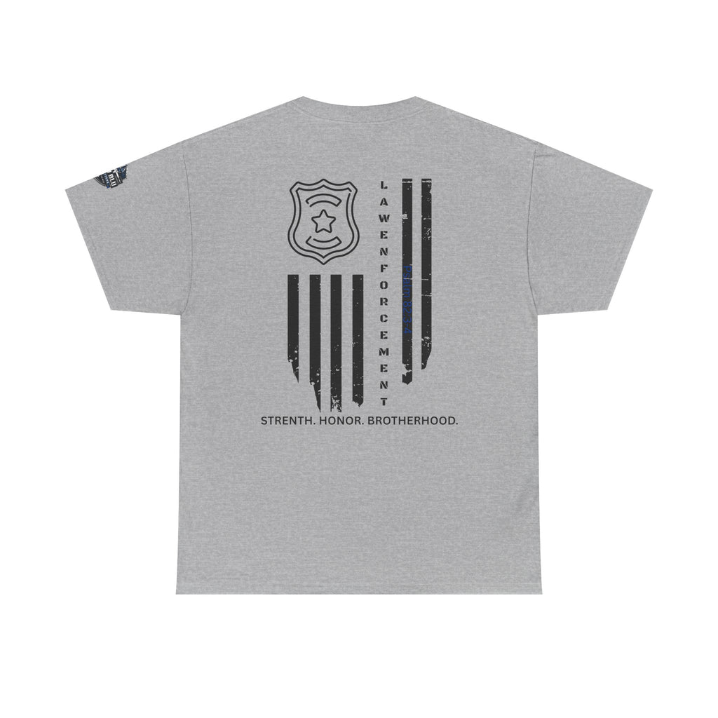 Law Enforcement Tribute T-Shirt — "Strength, Honor, Brotherhood" Badge & Flag Design