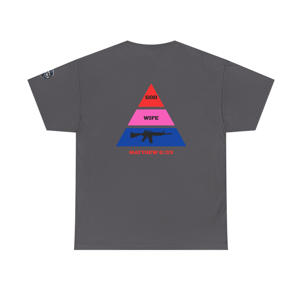 Matthew 6:33 Pyramid Tee — God, Wife, Gun Graphic T-Shirt