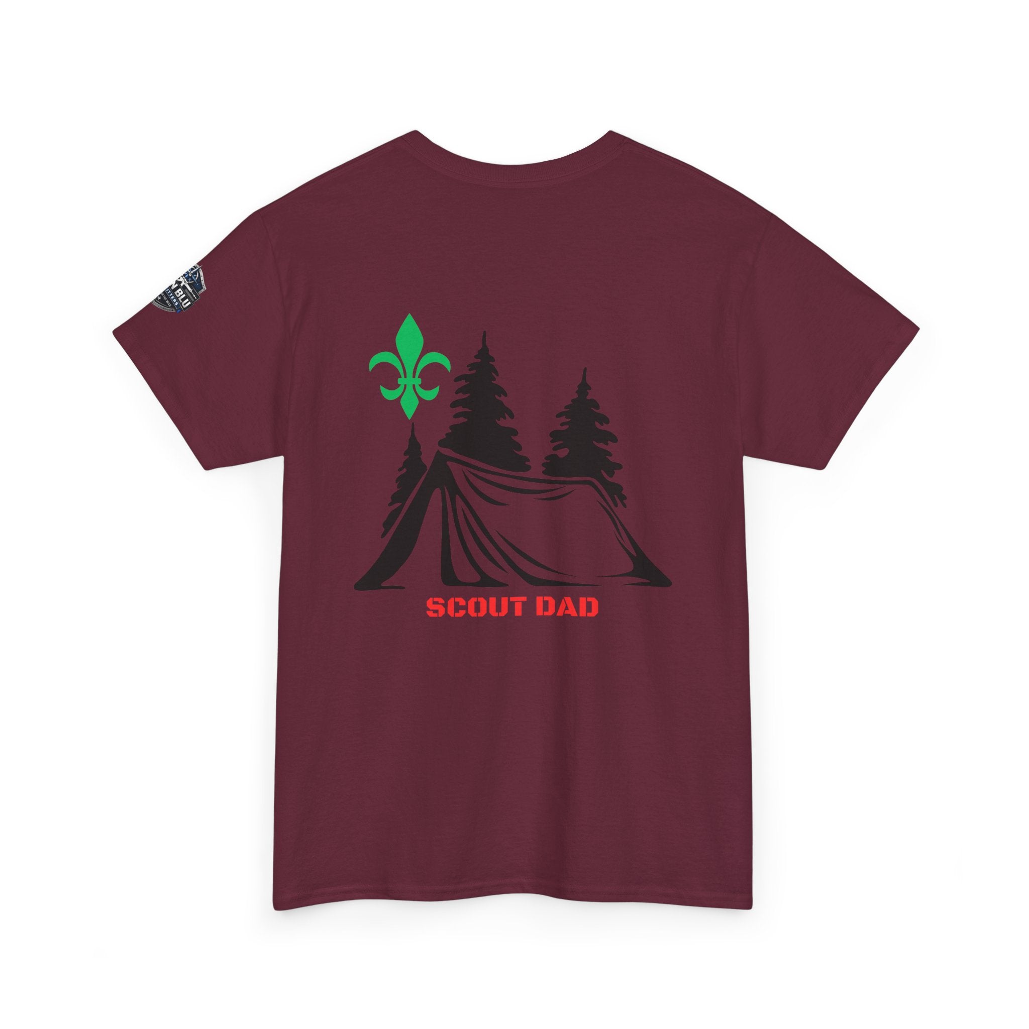 Scout Dad Camping T‑Shirt — Tent, Pine Trees & Fleur‑de‑Lis Outdoor Tee
