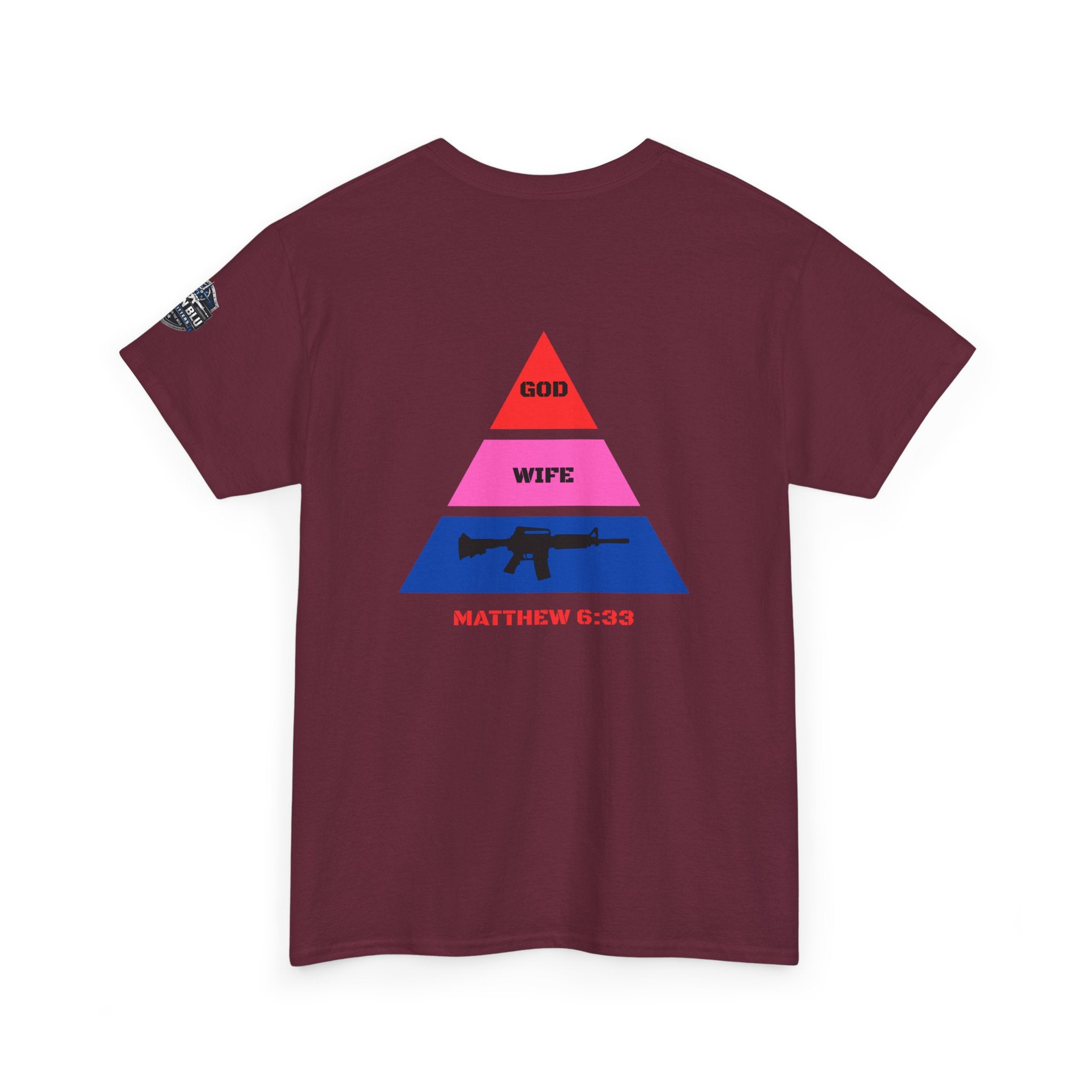 Matthew 6:33 Pyramid Tee — God, Wife, Gun Graphic T-Shirt